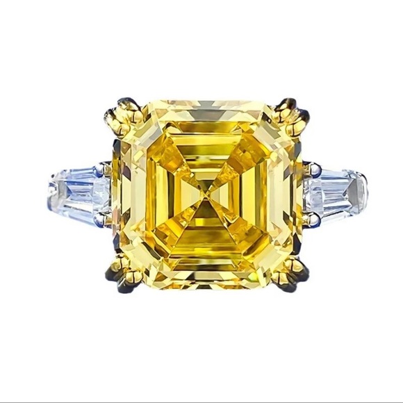 Art Deco Asscher Cut Yellow Diamond Ring Size 5 - Picture 10 of 11